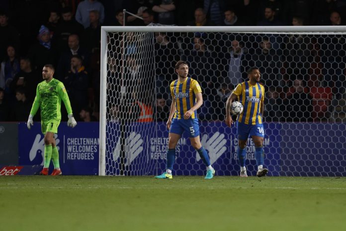 Matthew Pennington and David Davis react after conceding at Cheltenham, Town's last away league game (AMA)